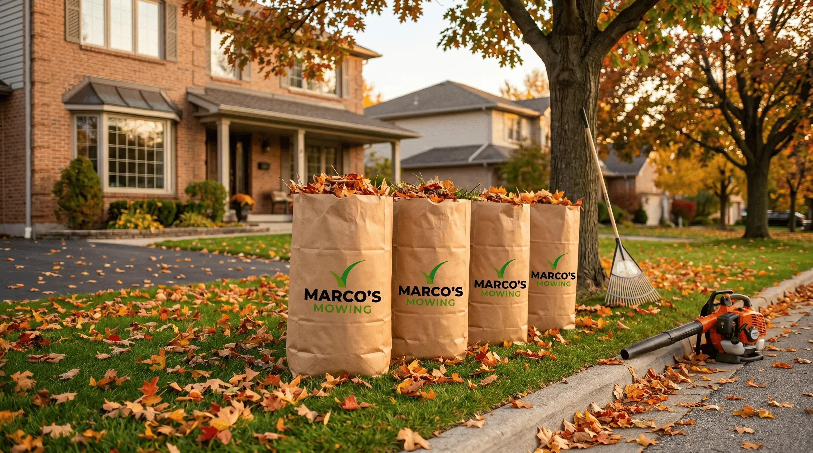 Marco's Mowing yard waste bags filled with fall leaves