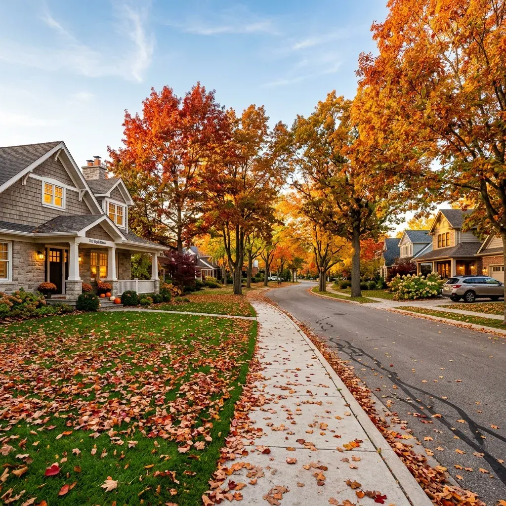 Fall foliage and leaves on a residential lawn in Thunder Bay