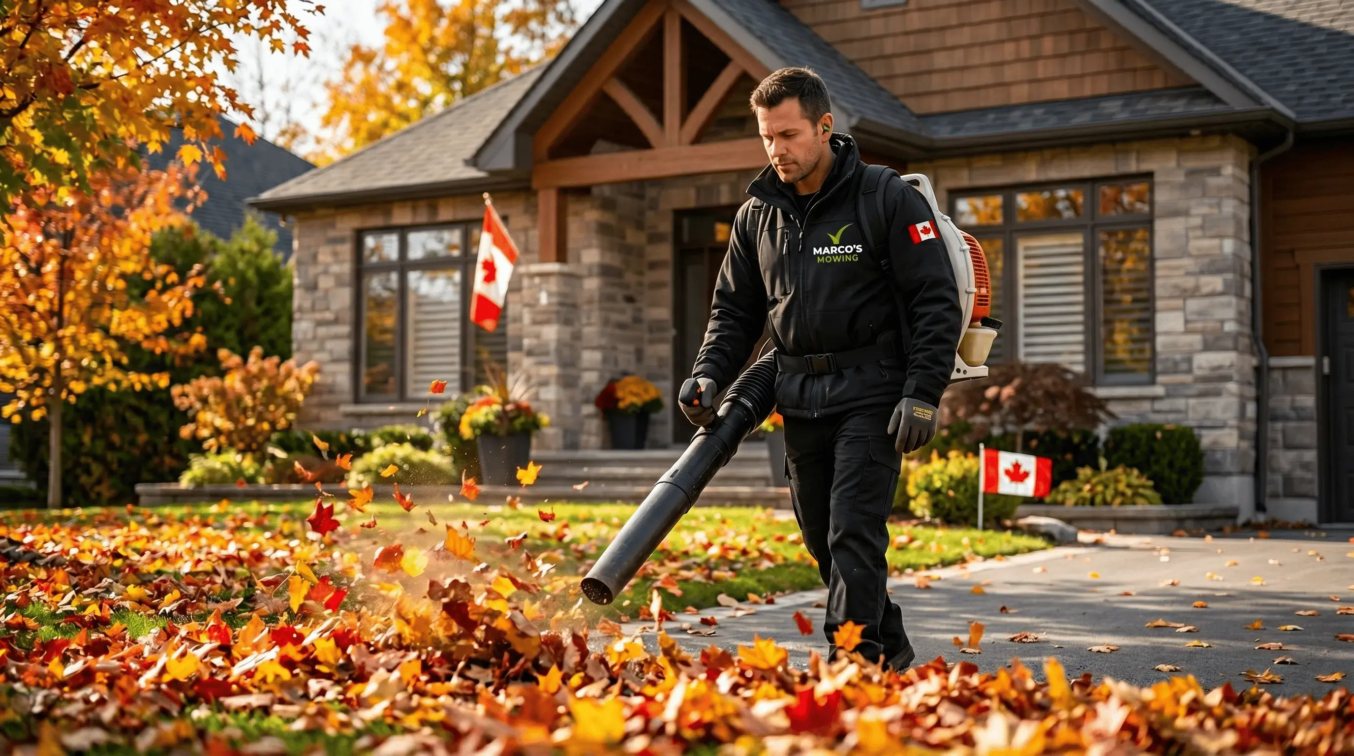 Professional operator using a backpack leaf blower clearing fall leaves from a residential property in Thunder Bay