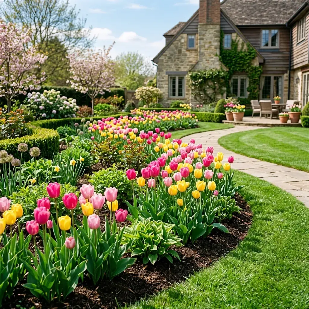Spring garden with blooming tulips in Thunder Bay
