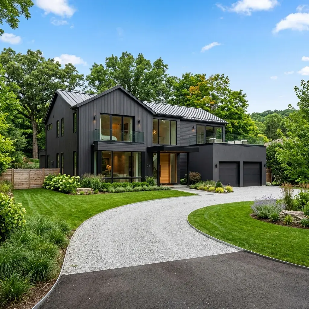 Modern dark charcoal colored house with a clean crusher fine driveway in Thunder Bay