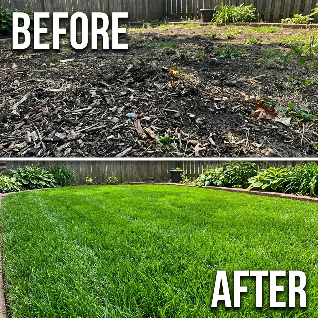 Before: messy wood chips. After: healed green grass patch
