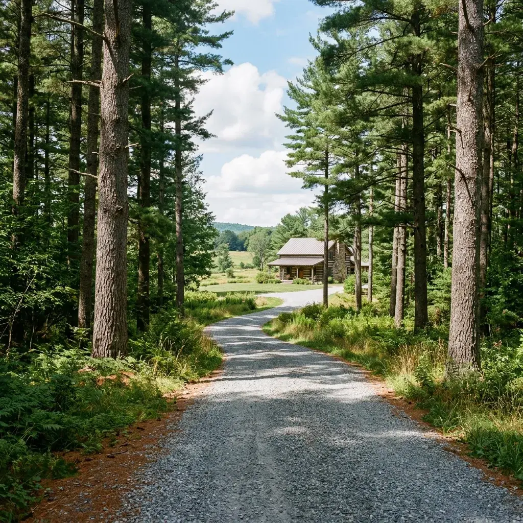 Crusher fine gravel driveway winding through tall pine trees