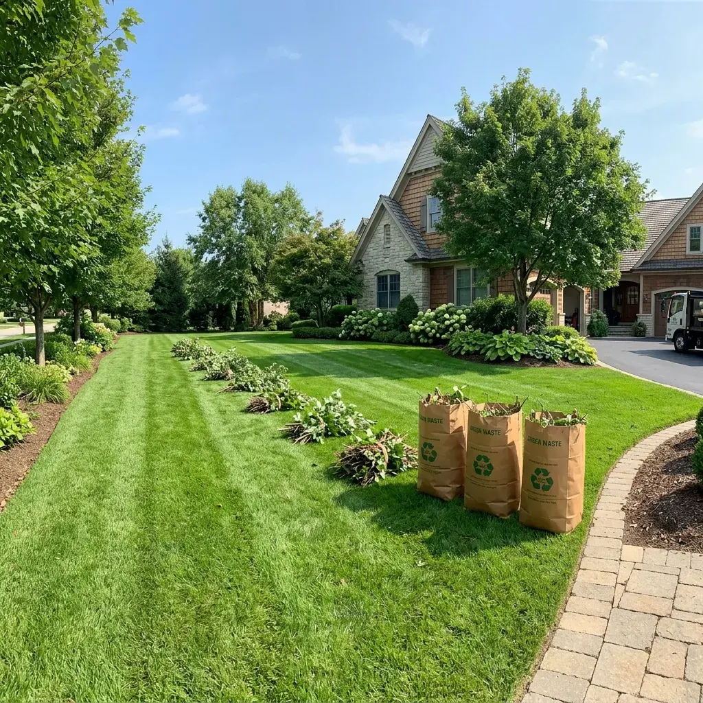 Neat yard waste bags and fresh branches cleaned up on a lawn