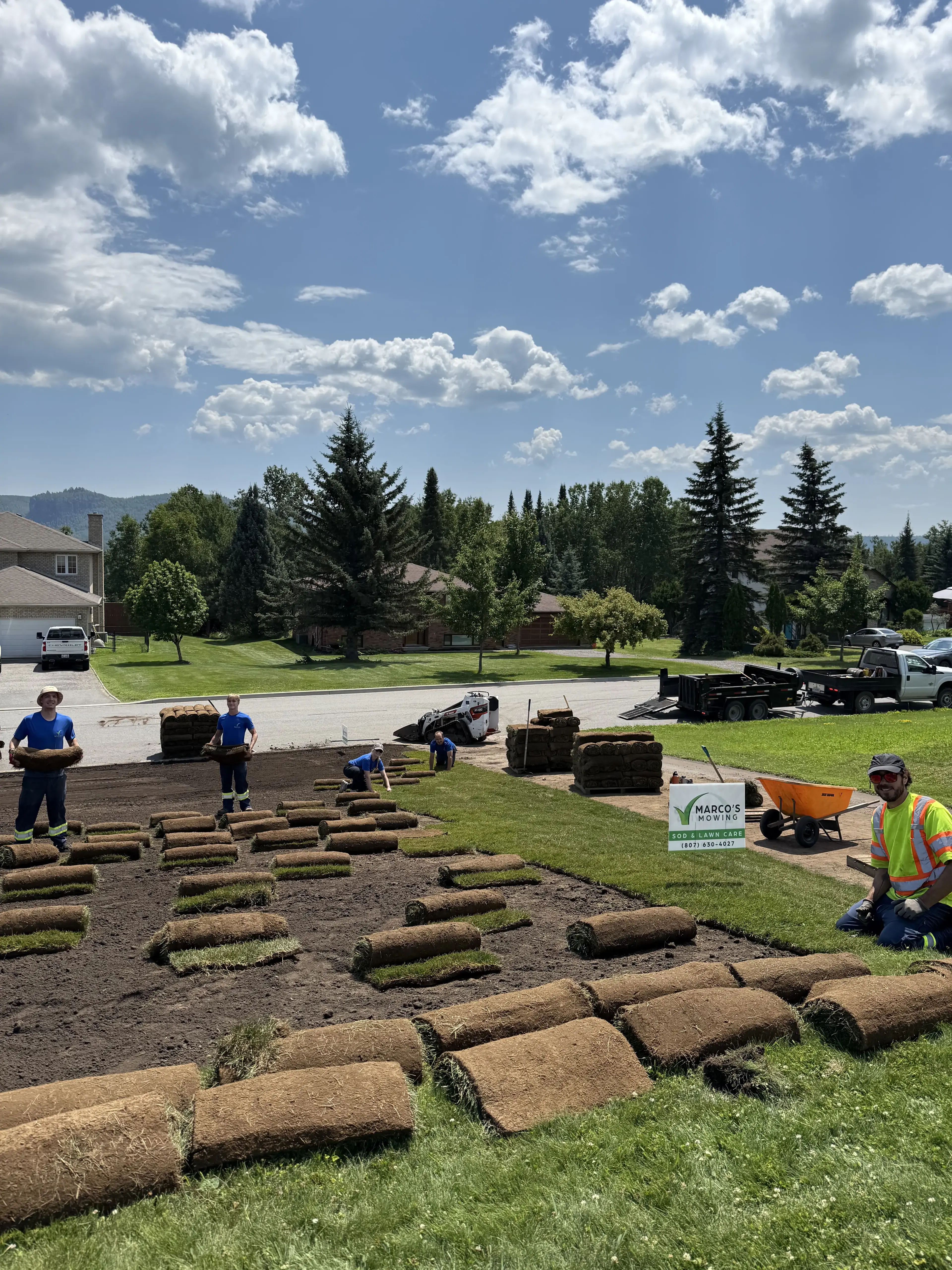 Workers laying new green sod rolls