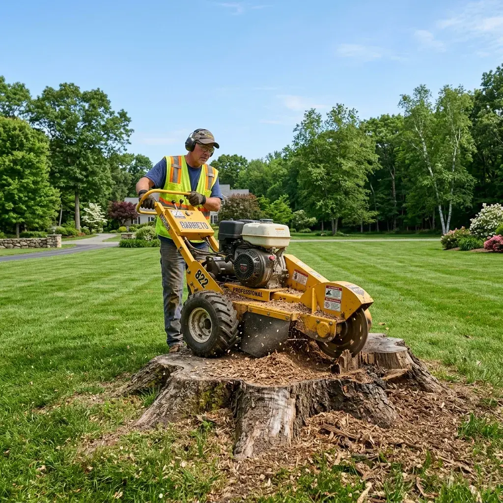 Panoramic view of walk-behind stump grinder machine on lawn stump