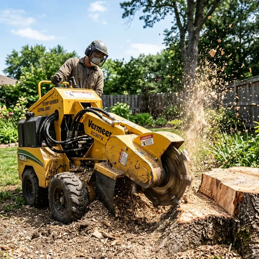 Close-up of a commercial stump grinder machine working on a tree stump in Thunder Bay