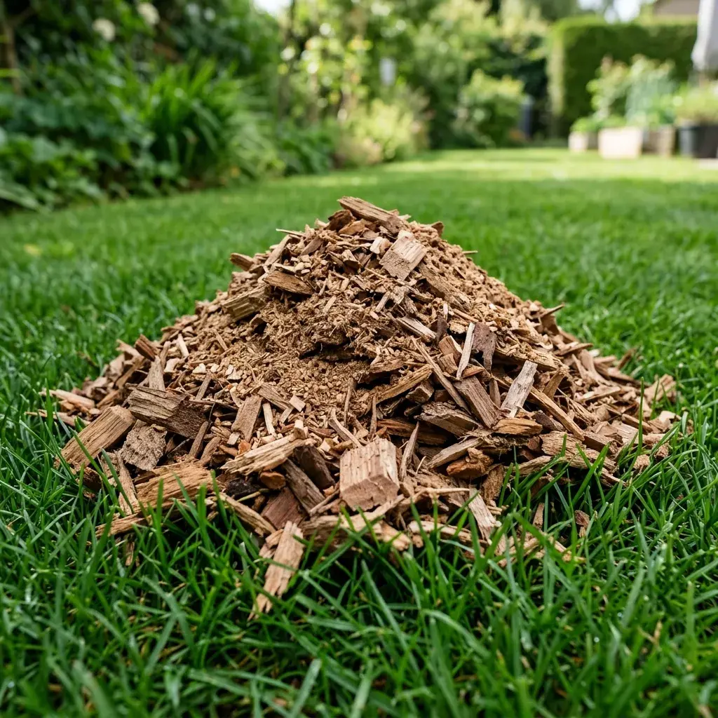 Pile of fresh wood chips on lawn