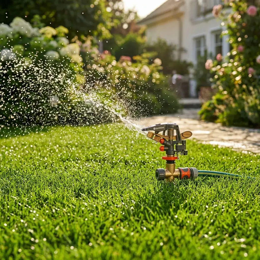 Sprinkler watering green grass lawn