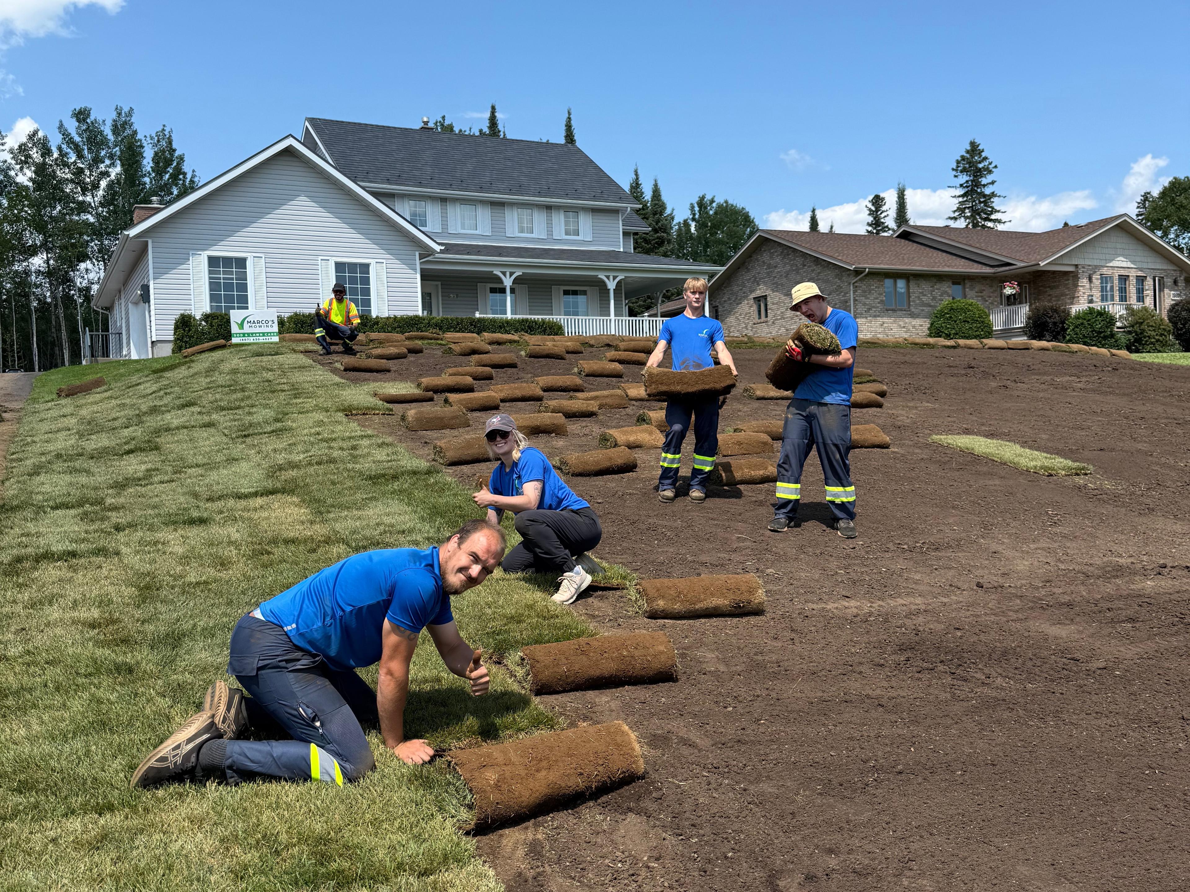Workers installing new sod rolls in Thunder Bay