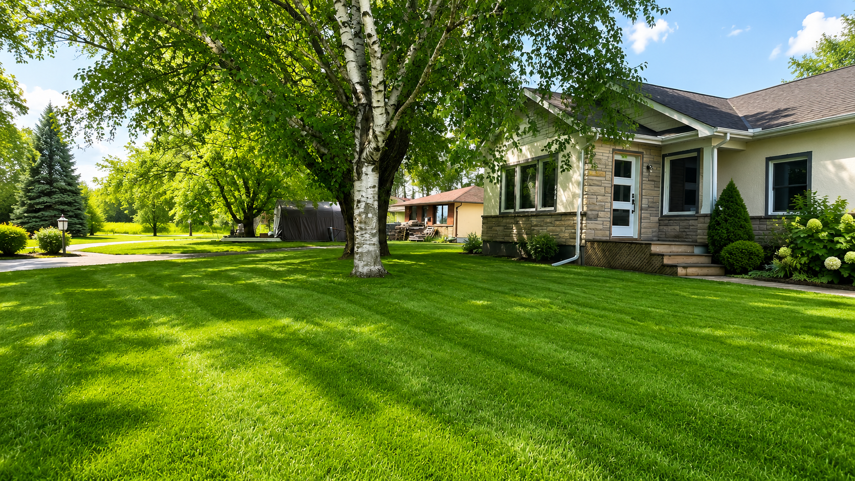 Impeccable, bright and healthy green residential lawn under the shade of a large birch tree in Thunder Bay