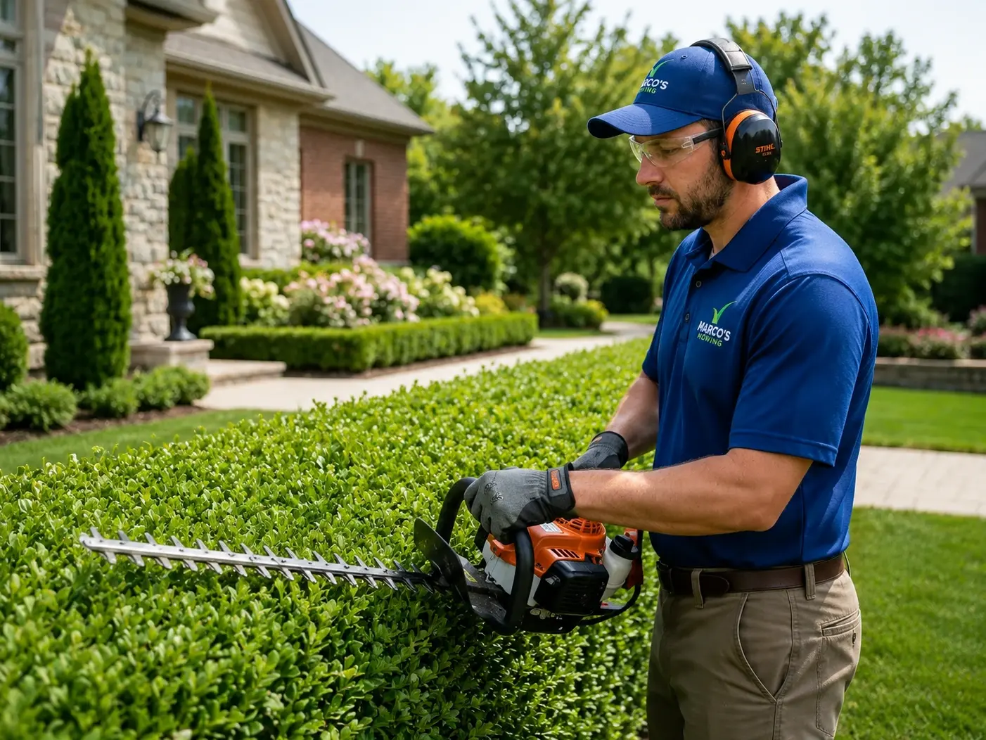Professional operator trimming a dense green hedge in Thunder Bay